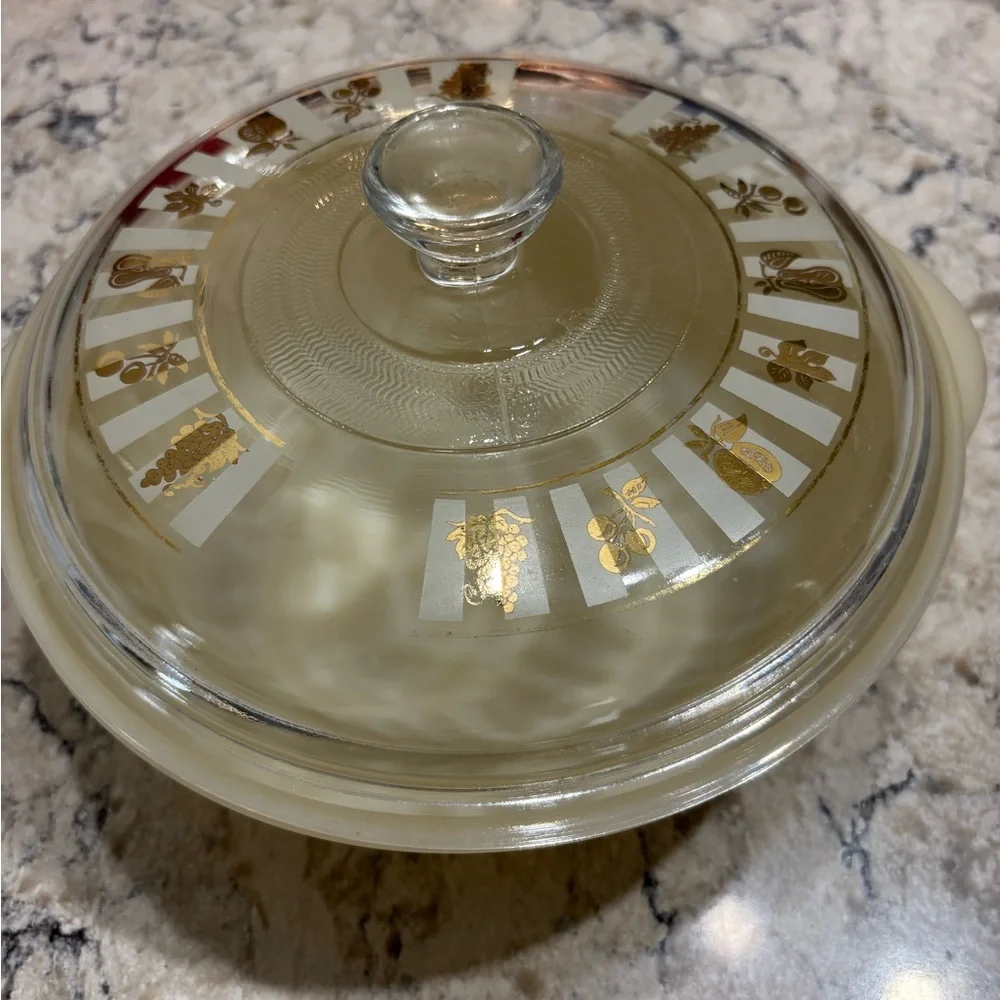 Fire King White Milk Glass Covered Dish with Gold Embossed Marking Lid Vintage